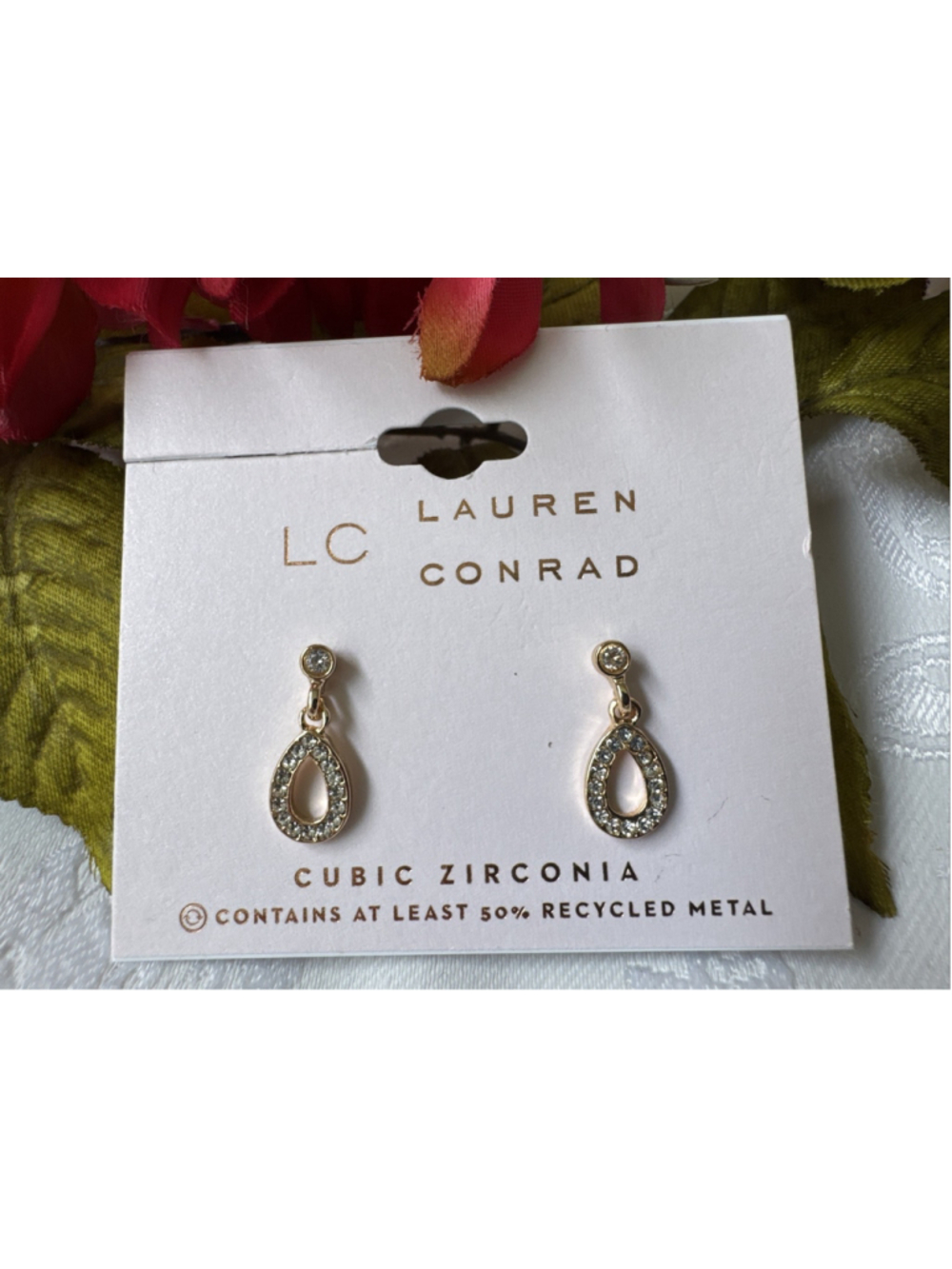 LC Lauren Conrad Dainty Dangle Drop Earrings Oval Rhinestone Goldtone 3/4" NEW
